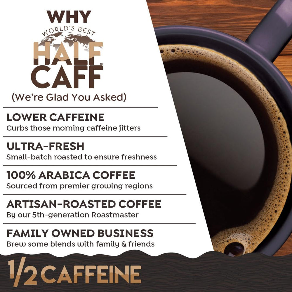 World's Best Half Caff cápsula junto a una regla para comparar tamaño práctico