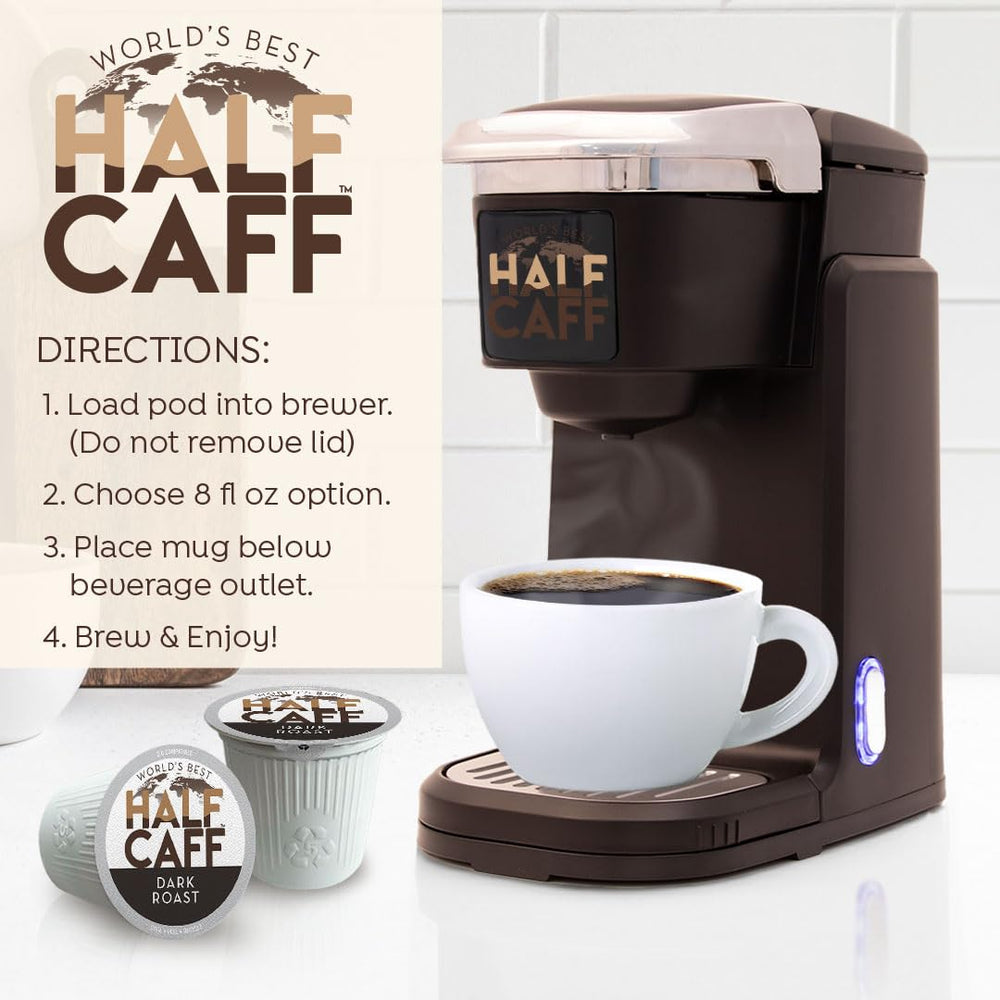 World's Best Half Caff cápsula insertada en máquina Keurig demostrando compatibilidad fácil