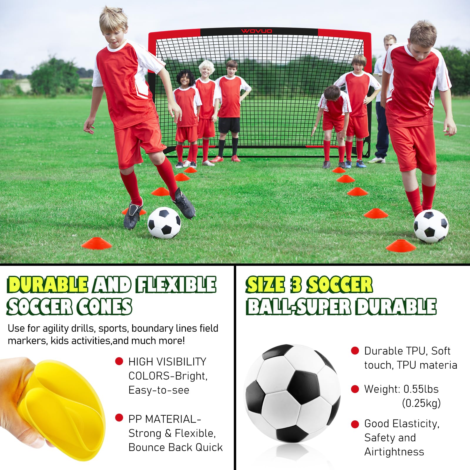 WOVUO kit accessories including ball pump cones and stakes showing complete training set
