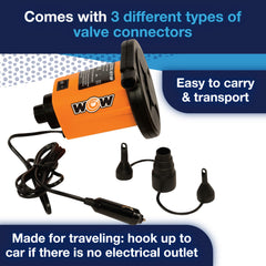 WOW Sports inflator in use inflating a towable on a lake to speed launch time