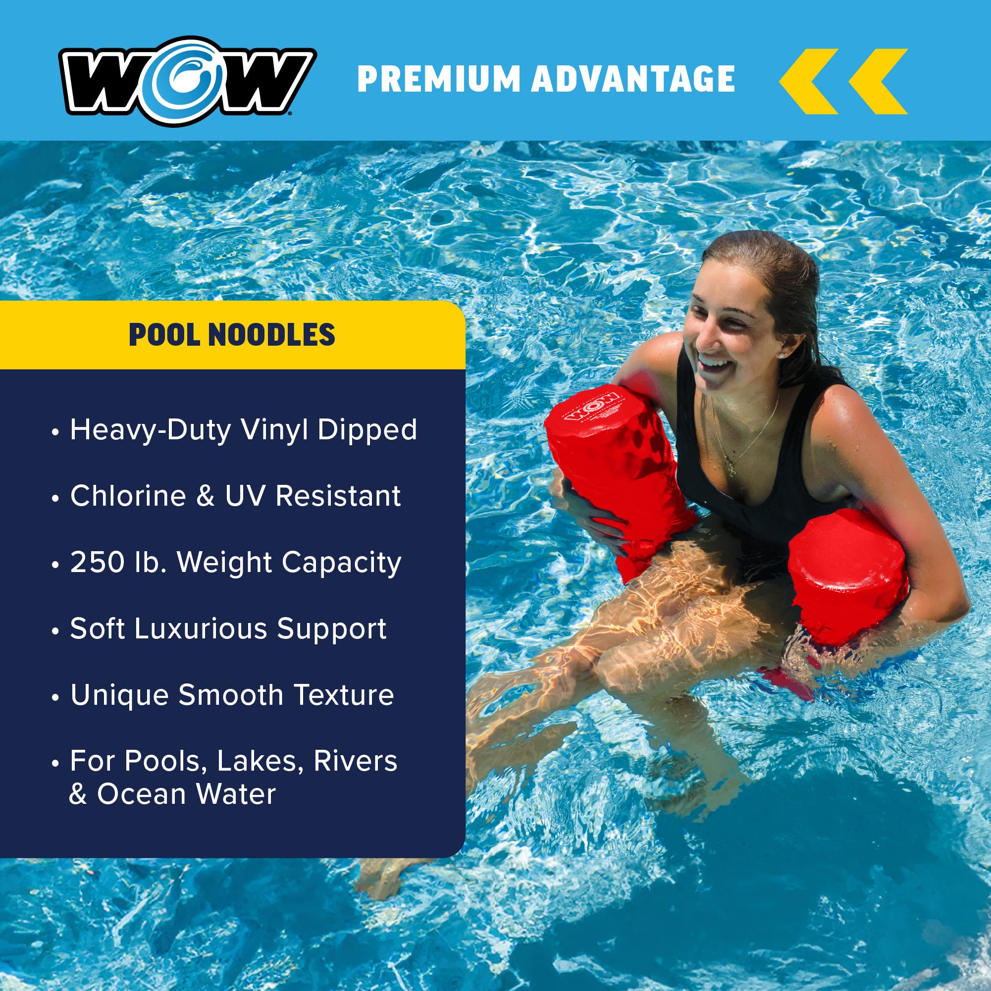 WOW Sports noodle junto a regla para comparar la longitud de 46 in