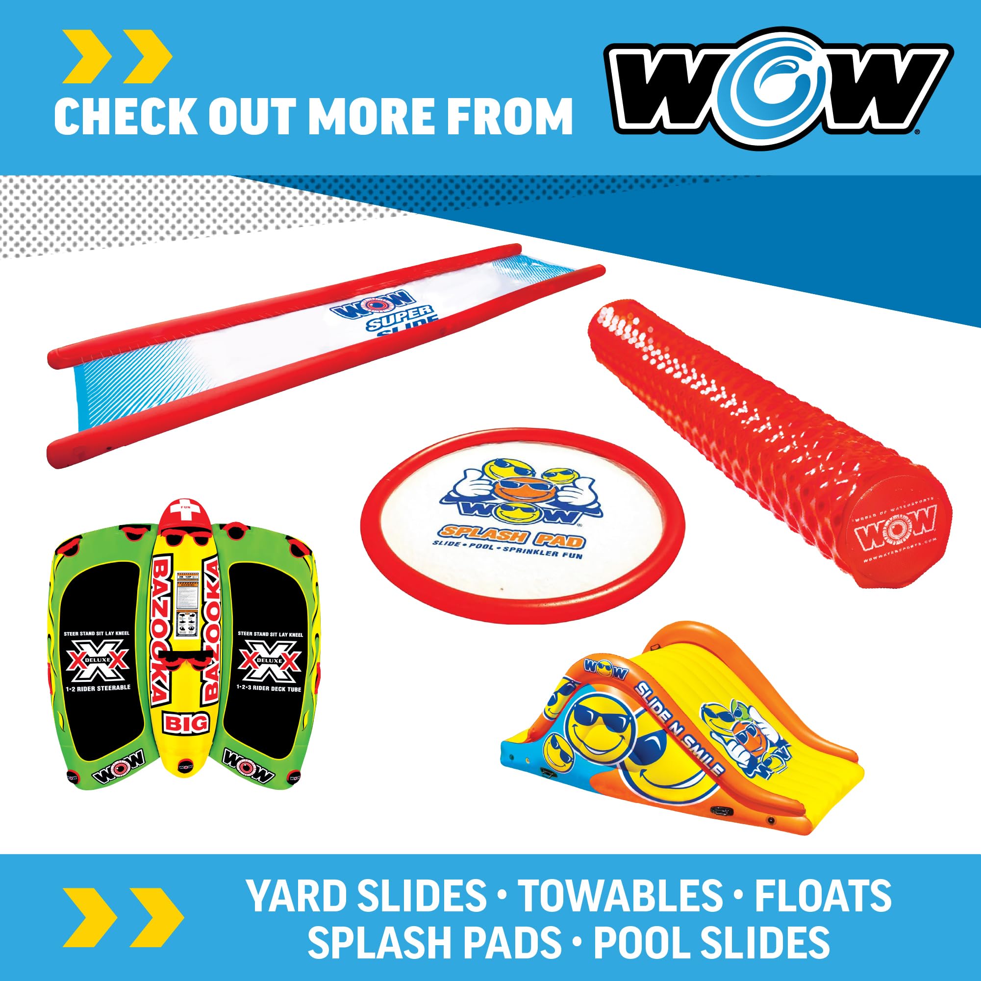 WOW Sports noodle en escenario de piscina familiar promoviendo recreo