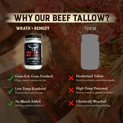 Wrath & Remedy tallow fundido en cuchara listo para freír, calor estable