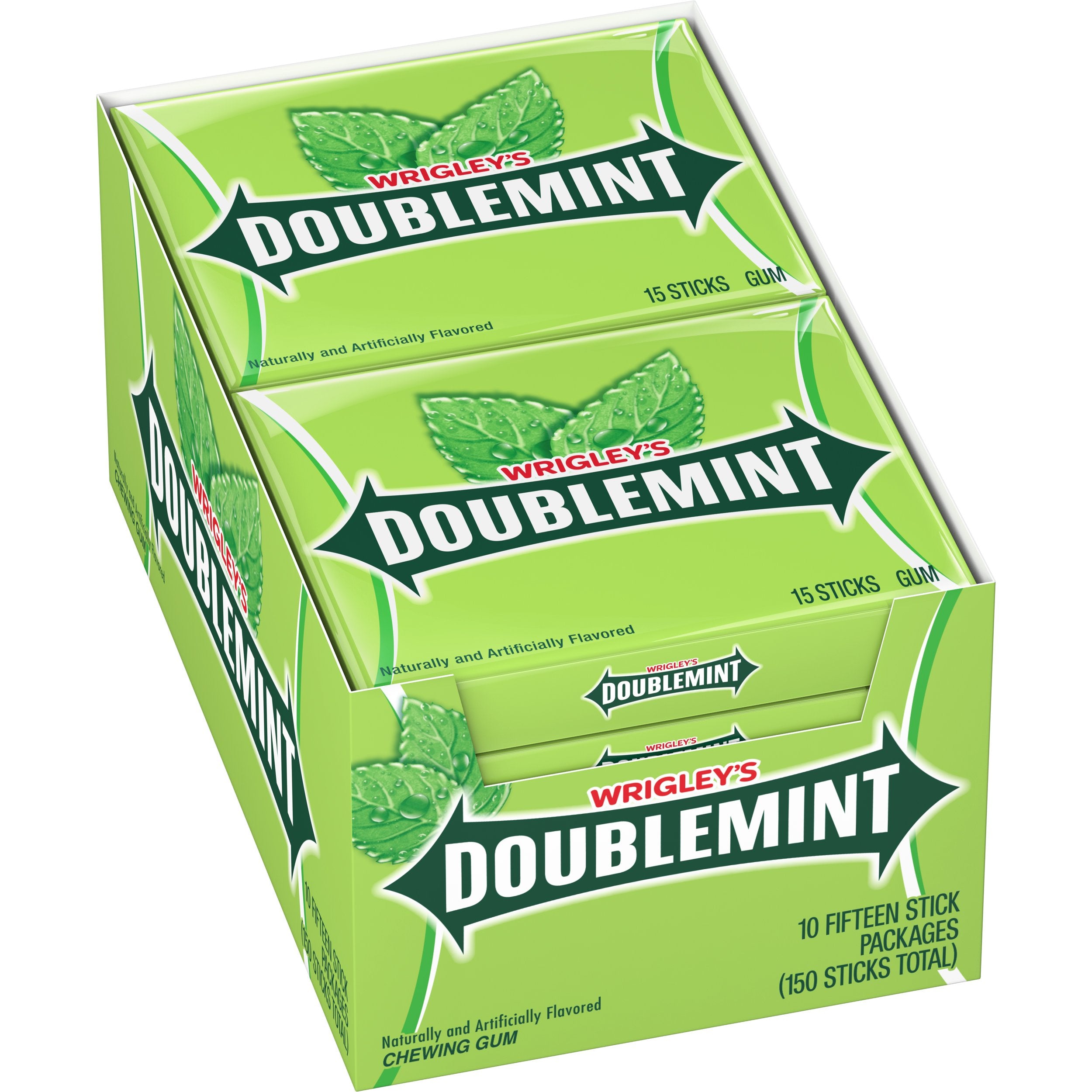 Wrigley's Doublemint frente del paquete mostrando cantidad y diseño