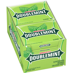Wrigley's Doublemint frente del paquete mostrando cantidad y diseño