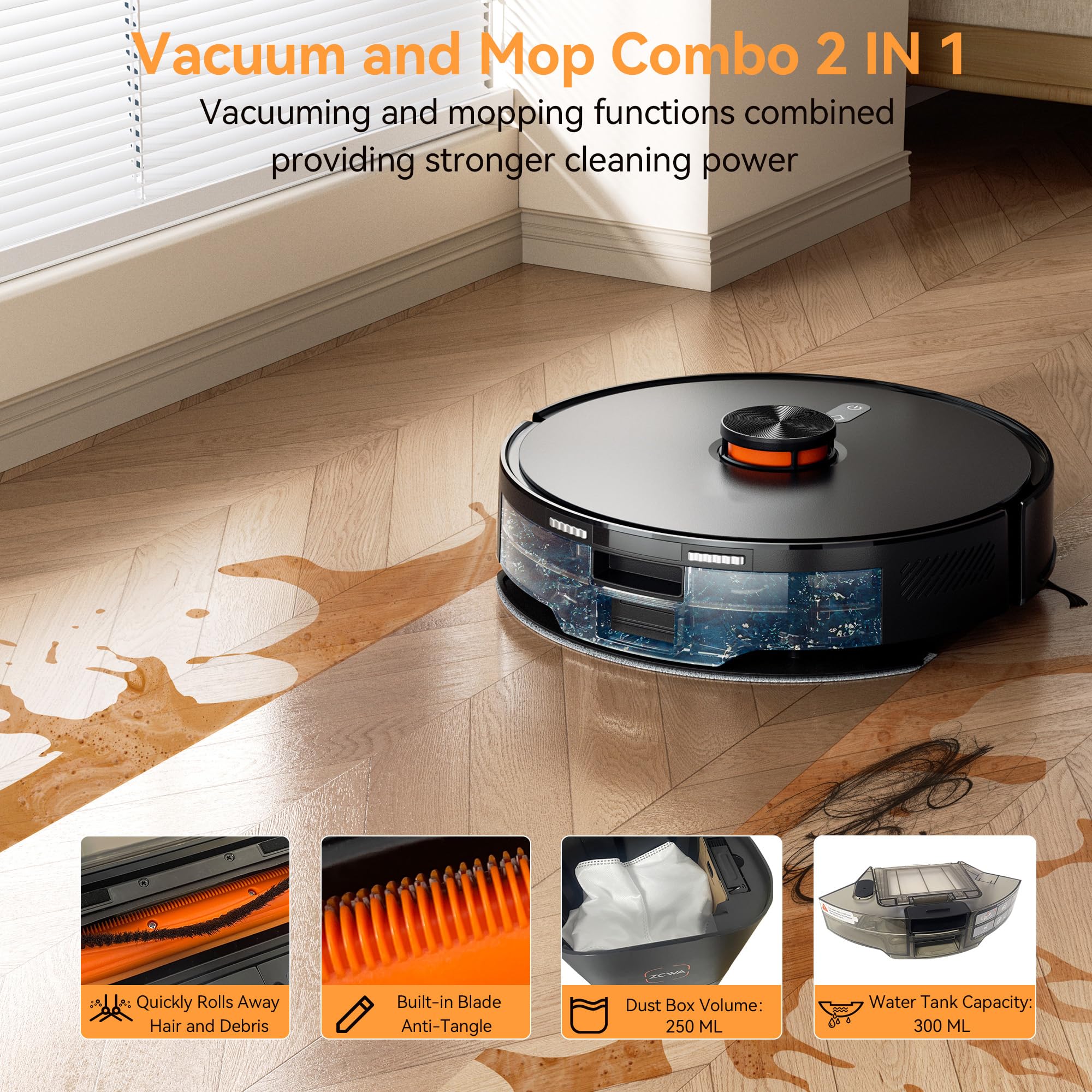 WSUANE robot in a living room lifestyle scene delivering quiet, scheduled cleaning for homes