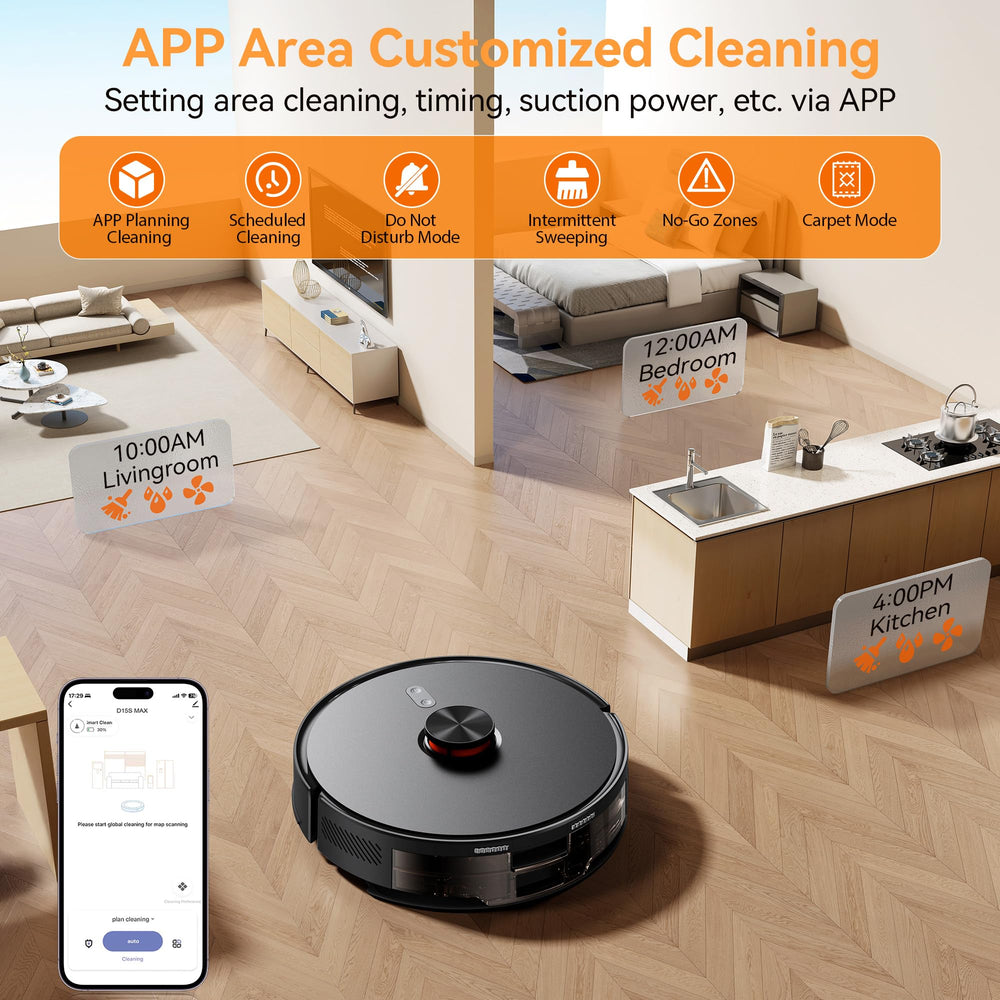 WSUANE robot mopping on wood floor demonstrating dual vacuum and mop cleaning capability