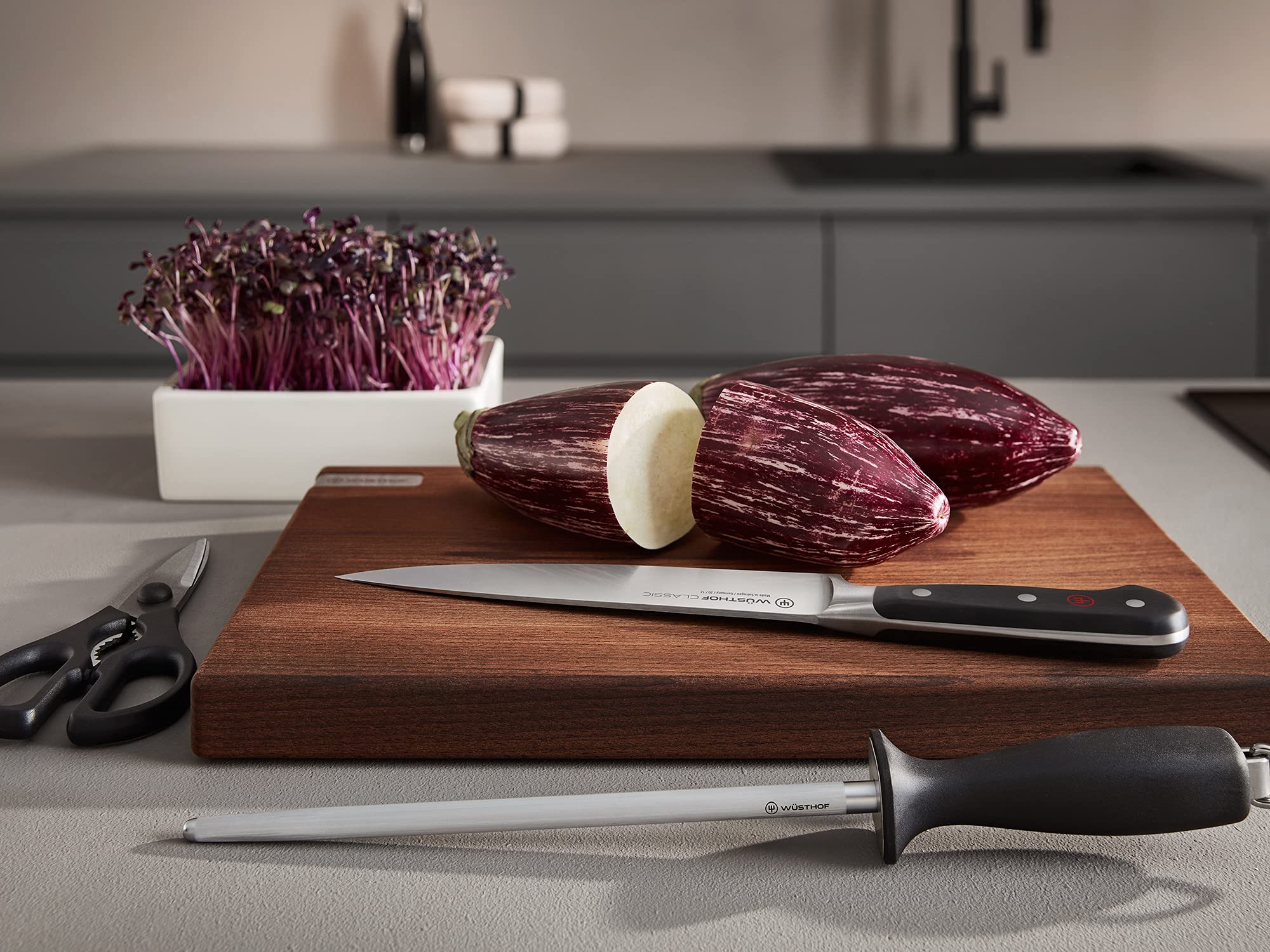 Wüsthof tijeras junto a mano para comparar tamaño y ofrecer ergonomía