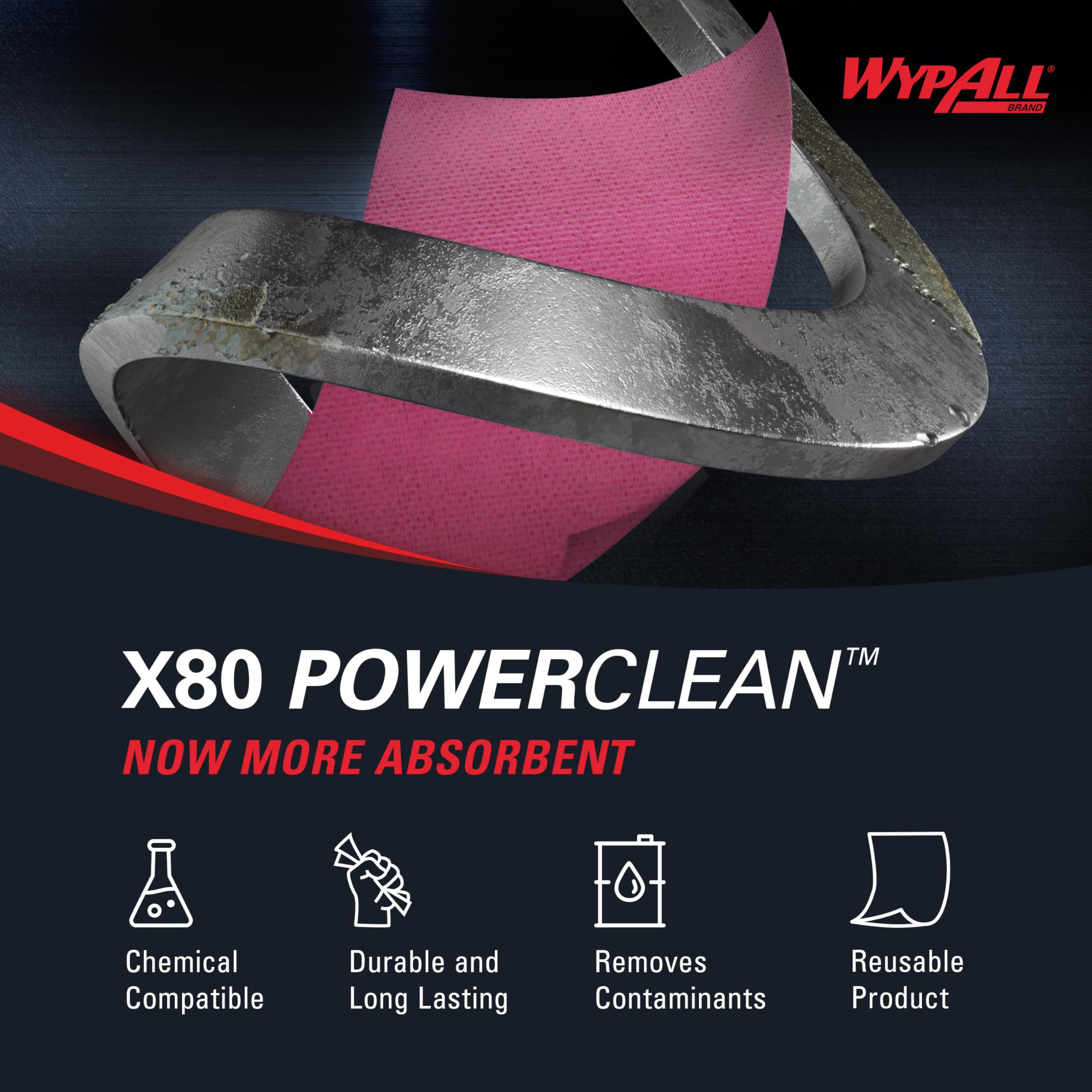 Wypall PowerClean X80 in dispenser for one-at-a-time dispensing efficiency