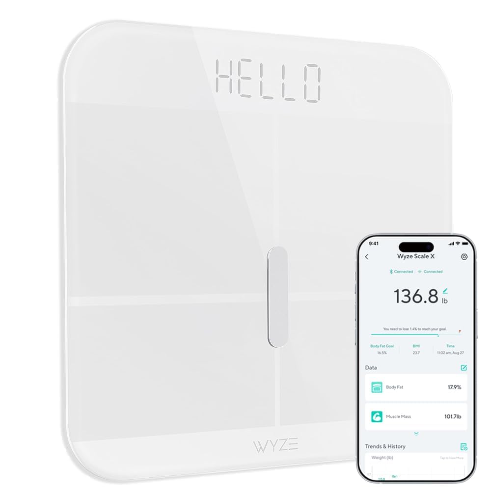 Wyze báscula frontal blanca mostrando pantalla LED y diseño minimalista