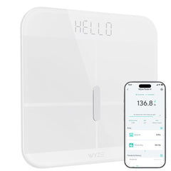 Wyze báscula frontal blanca mostrando pantalla LED y diseño minimalista