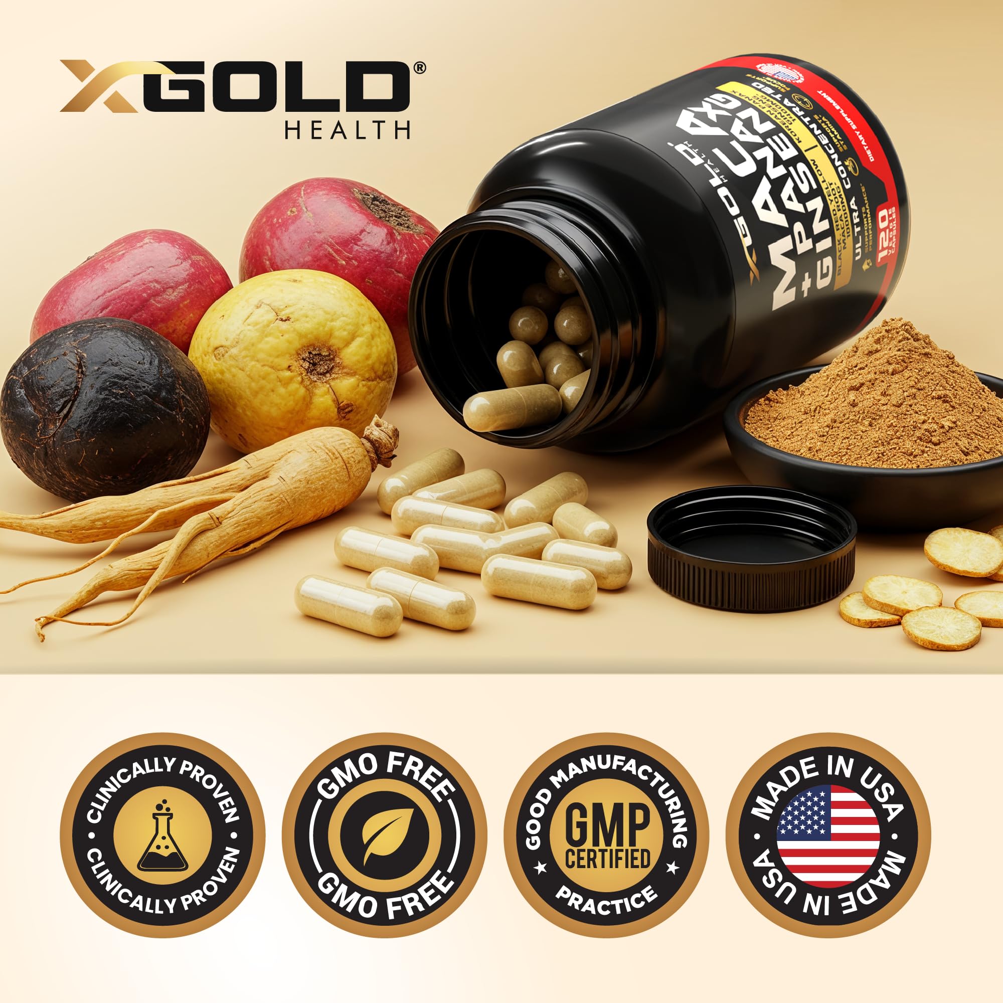 X Gold Health cápsula junto a monedas para referencia de tamaño
