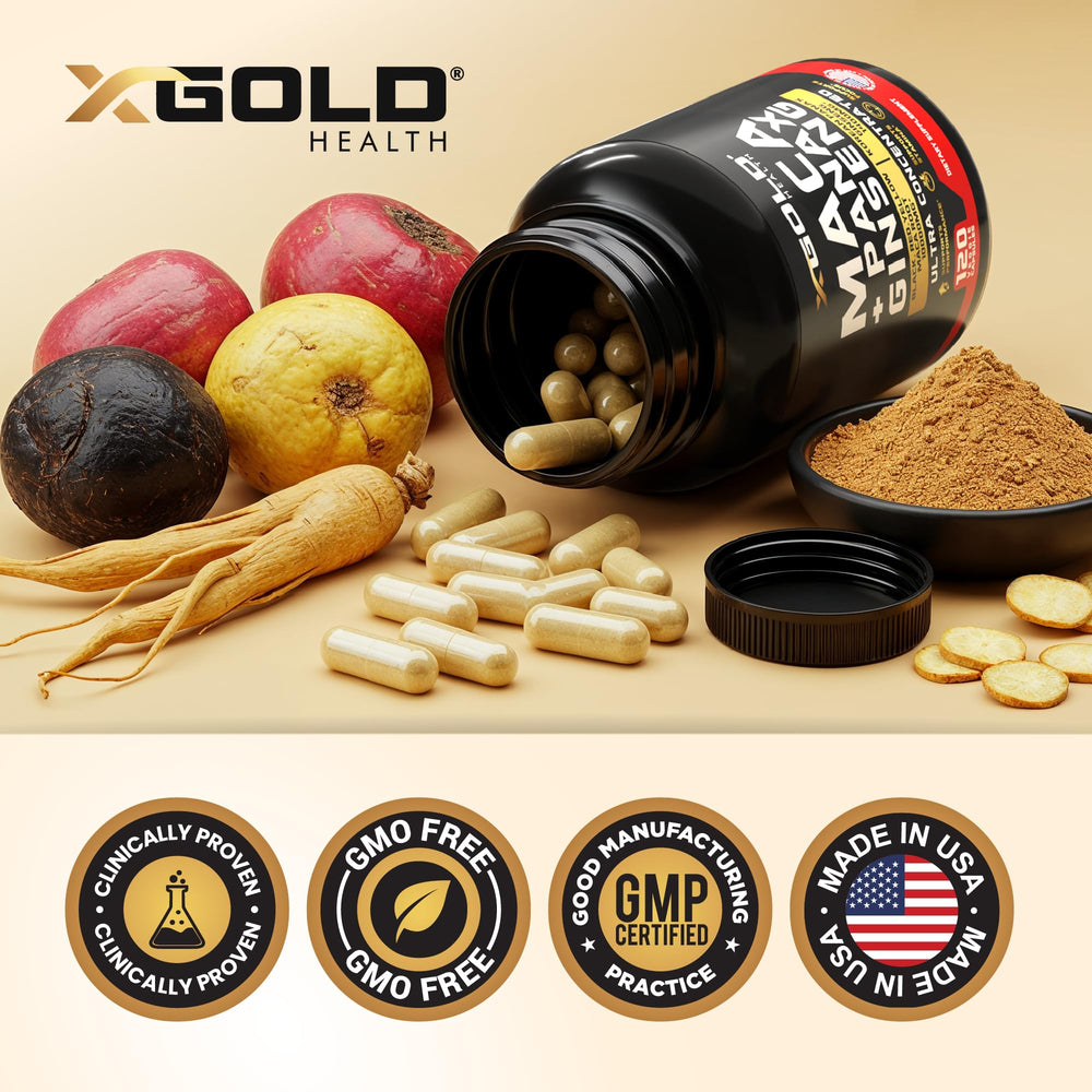 X Gold Health cápsula junto a monedas para referencia de tamaño
