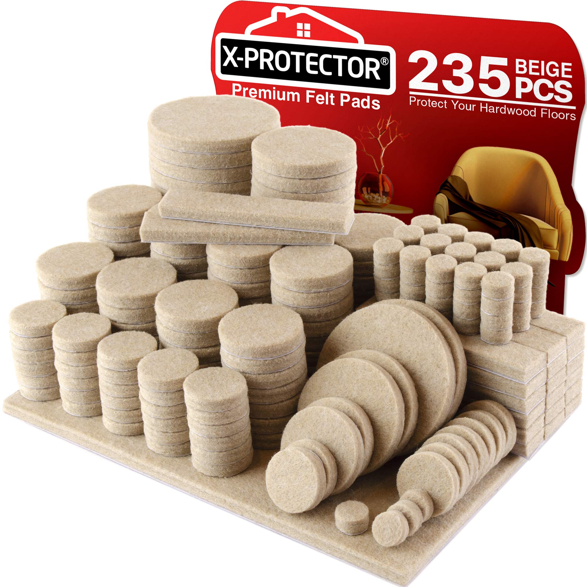 X-Protector paquete frontal mostrando 235 piezas para protección de suelos