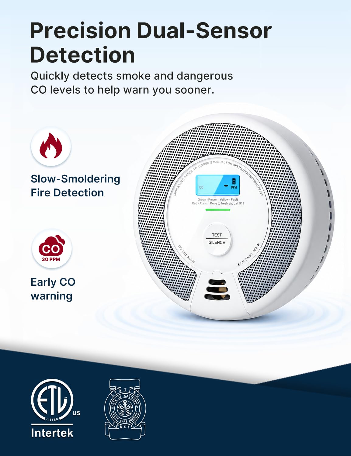 X-Sense SC07 sensor close-up showing photoelectric chamber for reliable smoke detection