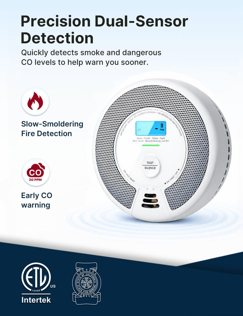 X-Sense SC07 sensor close-up showing photoelectric chamber for reliable smoke detection