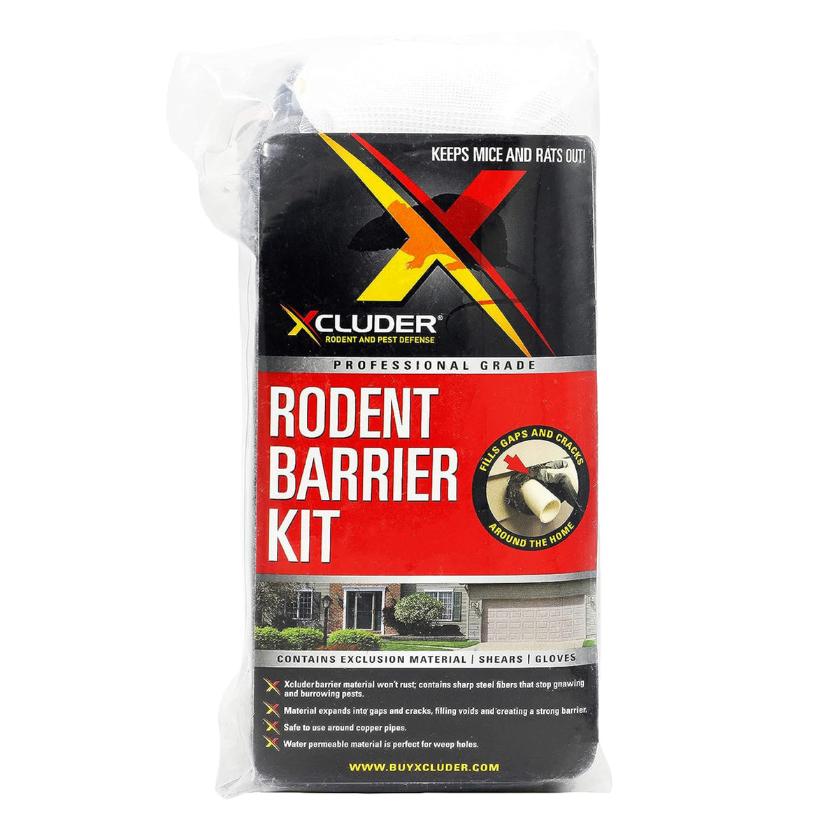 Xcluder paquete frontal con rollo, mostrando el kit completo y facilidad de uso