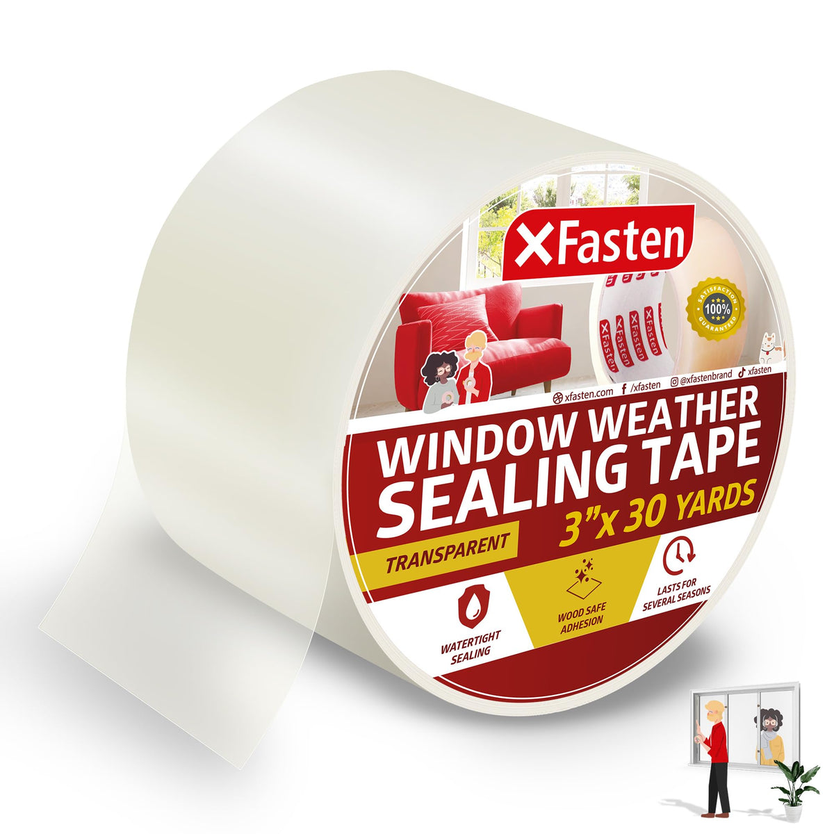 XFasten empaque frontal mostrando rollo y dimensiones, resistencia visible