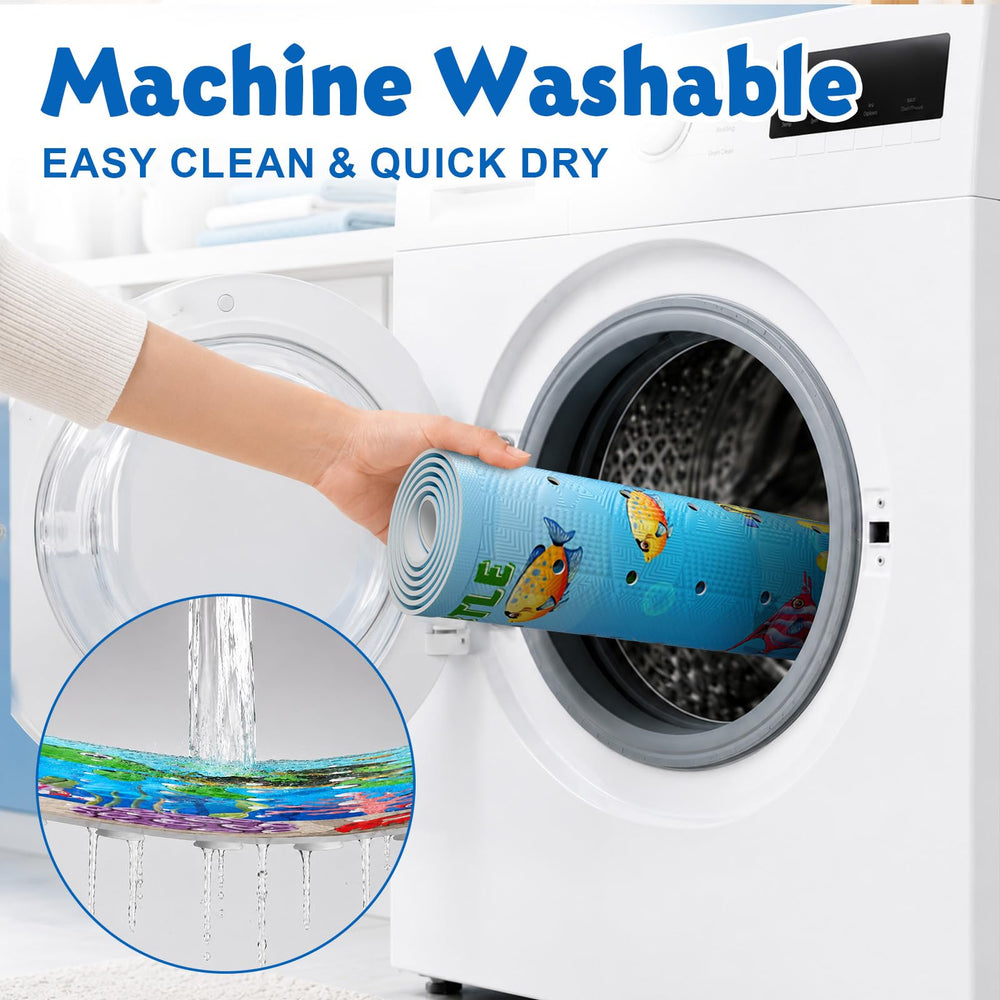XIYUNTE alfombra en uso con niño mostrando seguridad y diversión en bañera