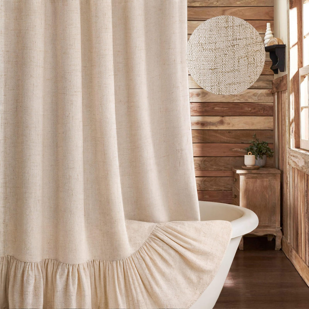 XOGUIBO cortina frontal beige mostrando estilo farmhouse y calidez
