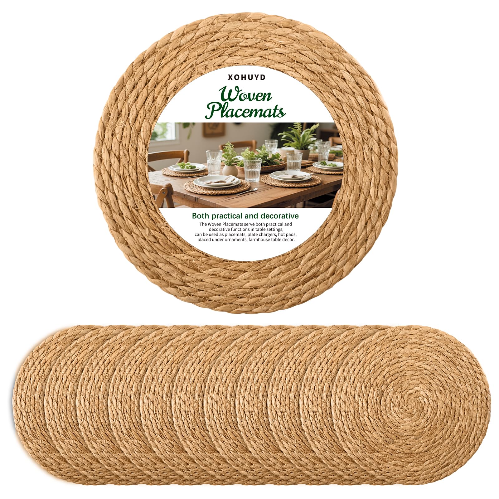 XOHUYD front view of stacked placemats showing natural rattan look and ready-to-use protection