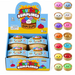 XQOQO front packaging showing four colorful dumpling squishies and organized display benefit