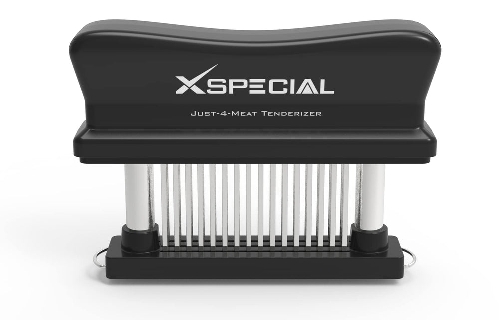 XSpecial front view of tenderizer showing durable stainless-steel and ergonomic grip for better control