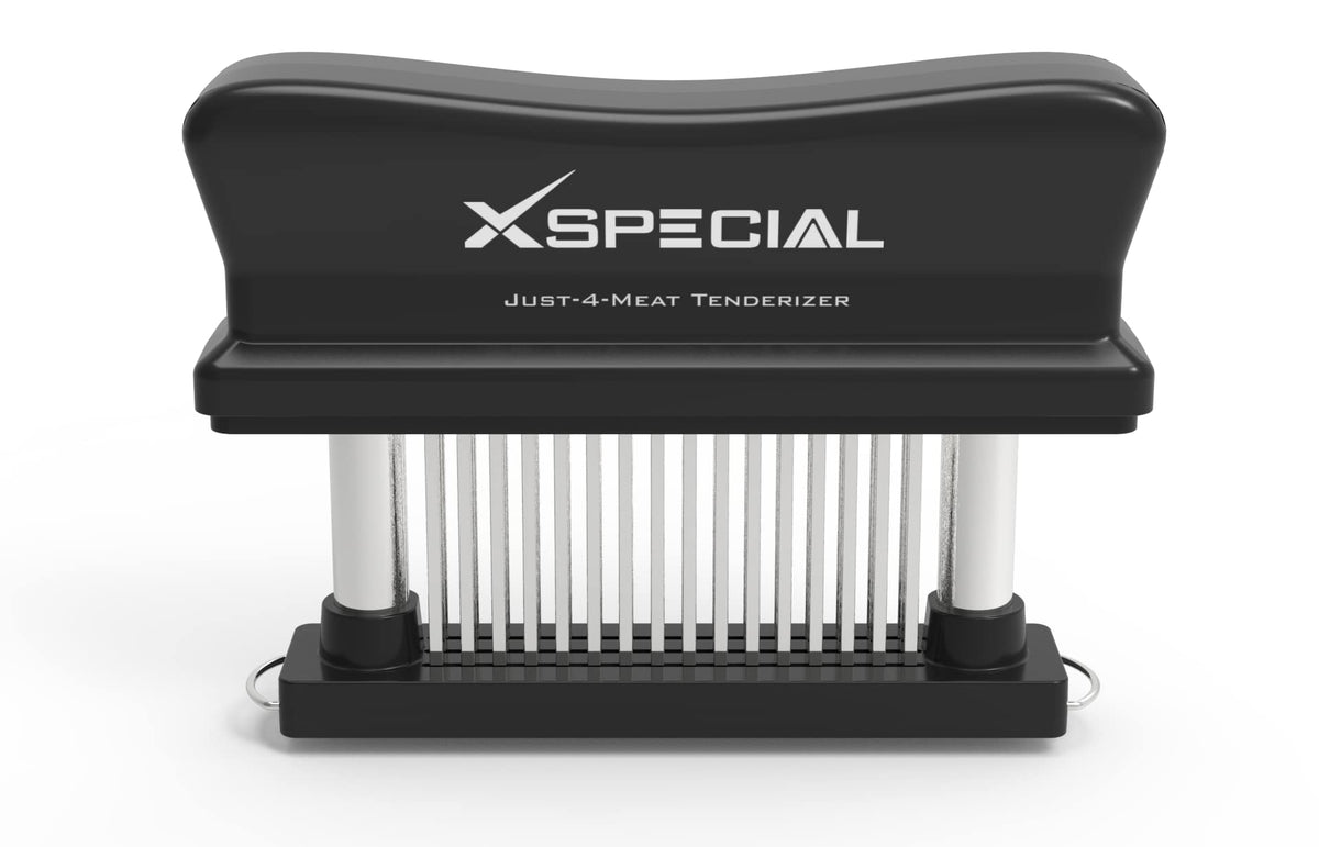 XSpecial front view of tenderizer showing durable stainless-steel and ergonomic grip for better control