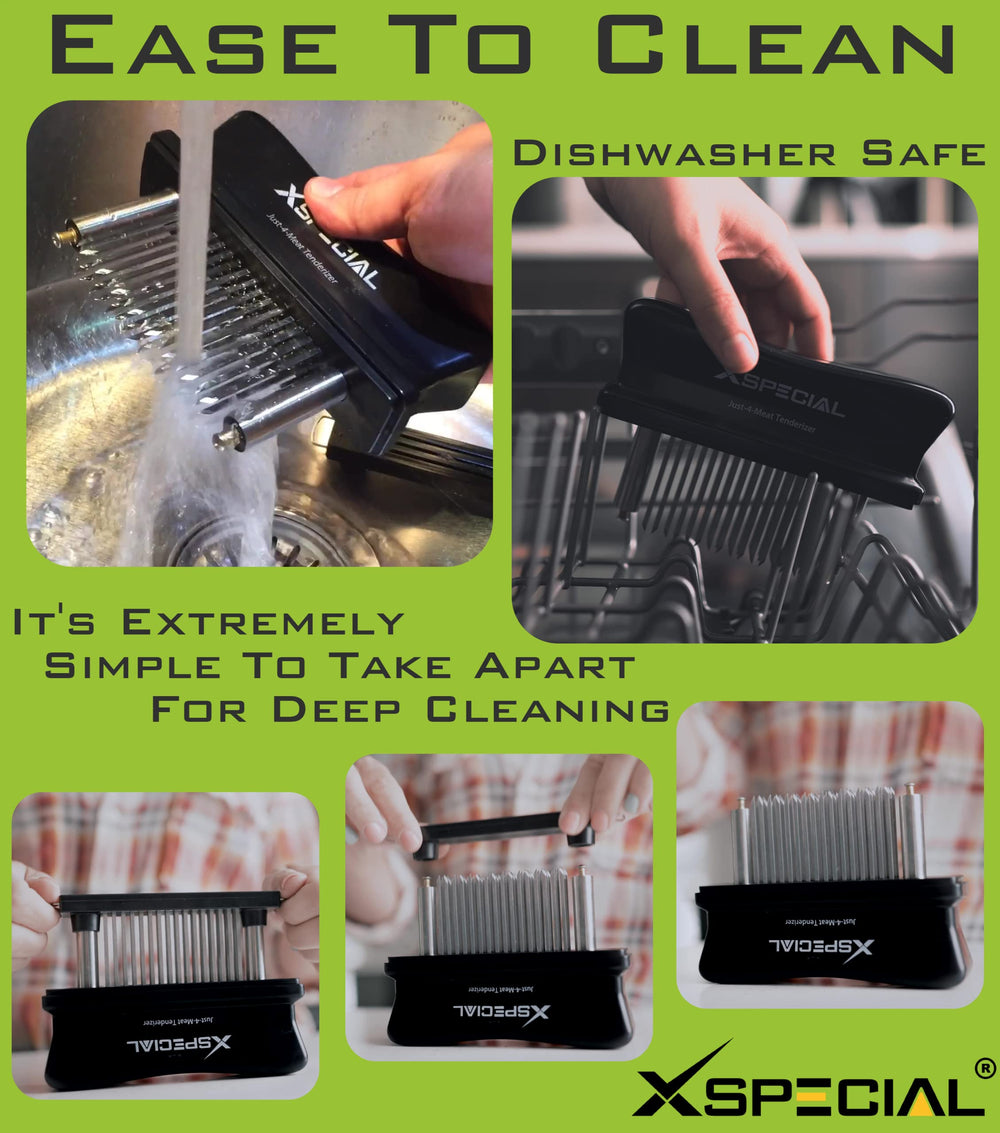 XSpecial tenderizer in use on steak creating uniform channels to speed marinade absorption