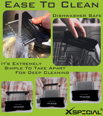 XSpecial tenderizer in use on steak creating uniform channels to speed marinade absorption