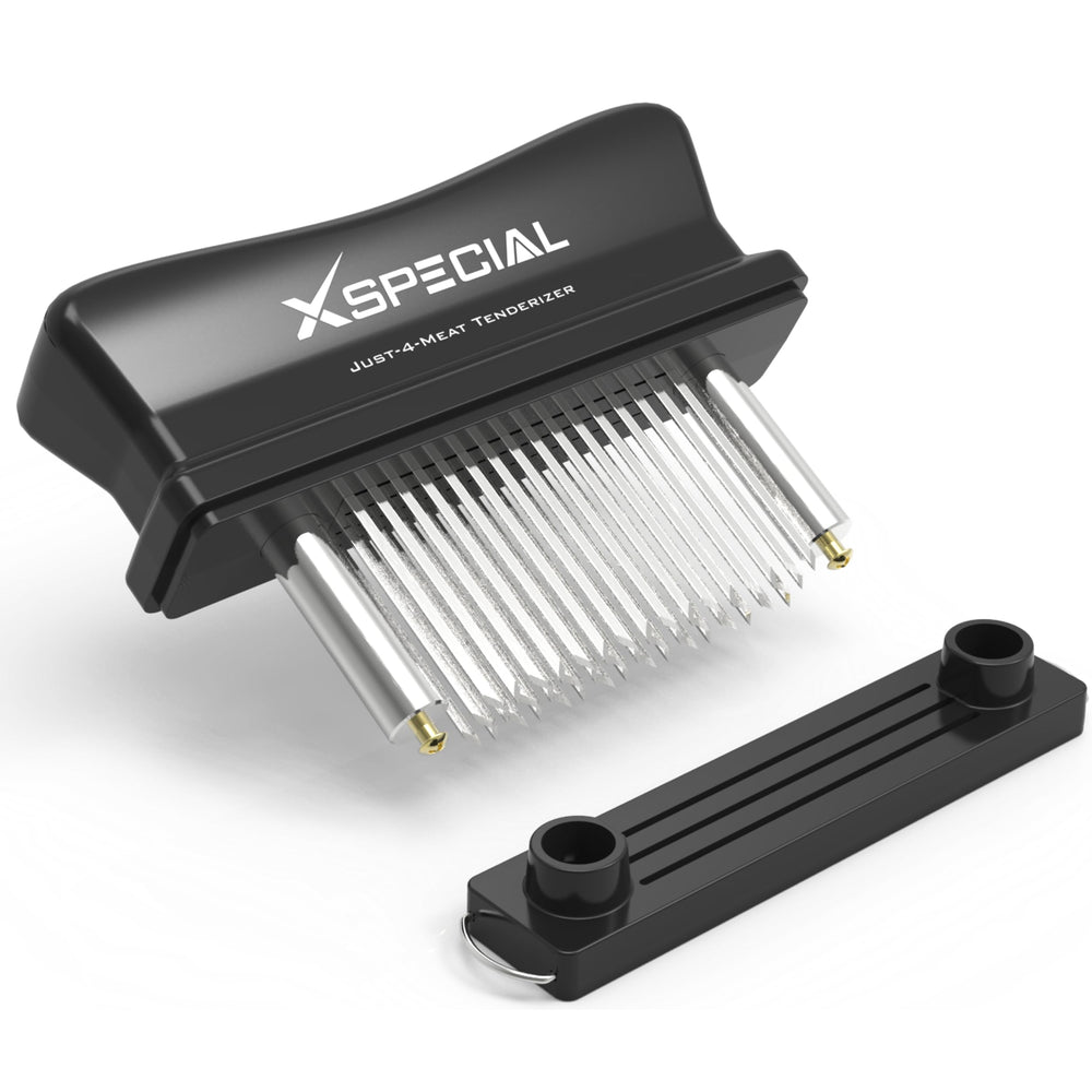 XSpecial tenderizer on a grill-side prep table demonstrating faster cooking and juicier results