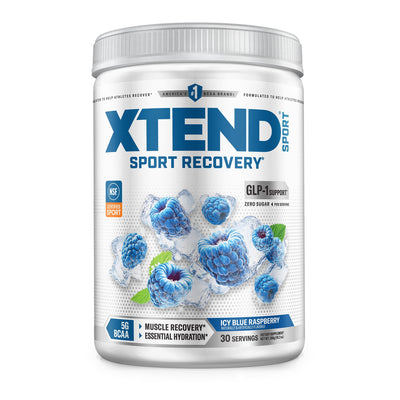 Xtend front tub showing Blue Raspberry Ice branding and servings benefit