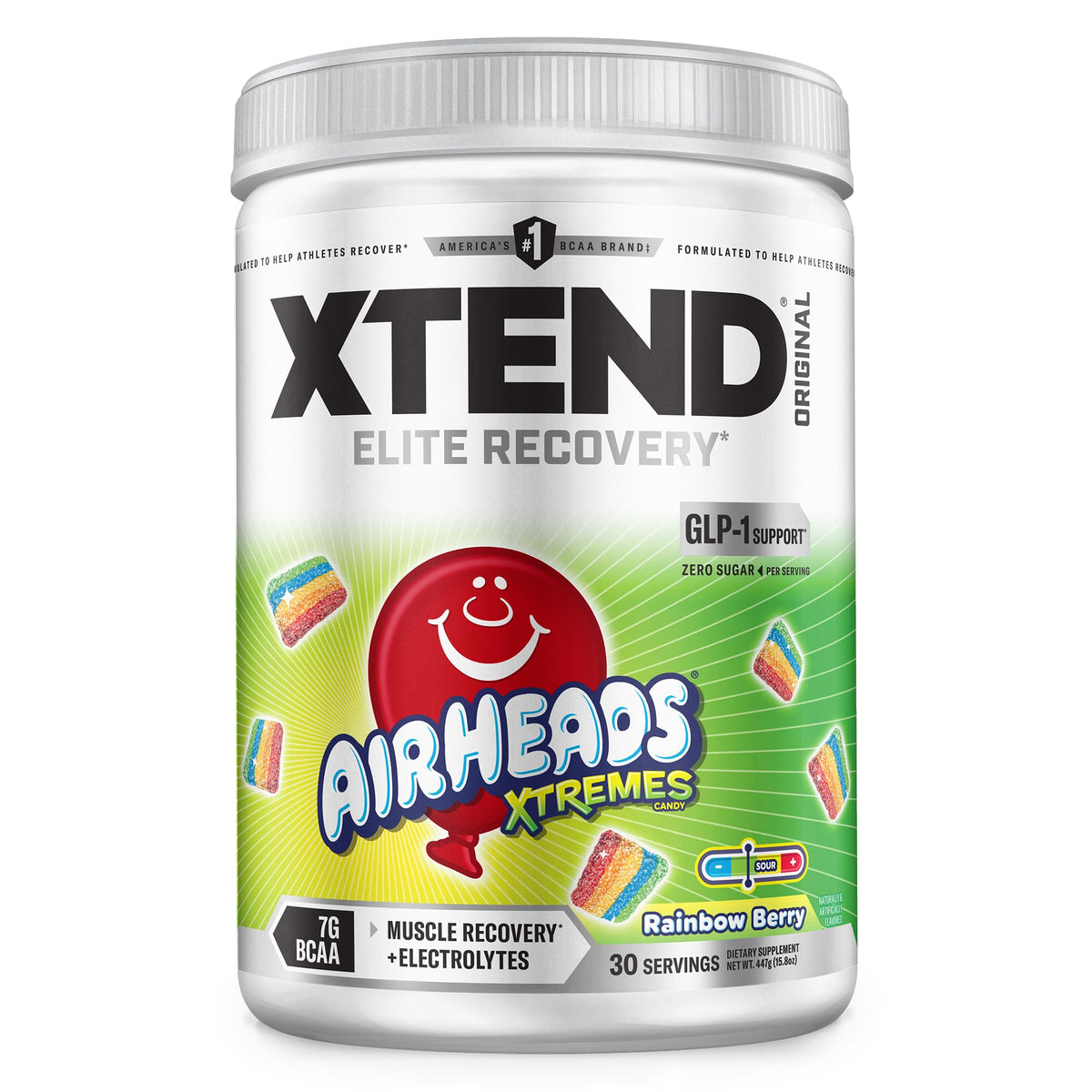 Xtend envase frontal Rainbow Berry mostrando diseño y tamaño, beneficio claridad de producto