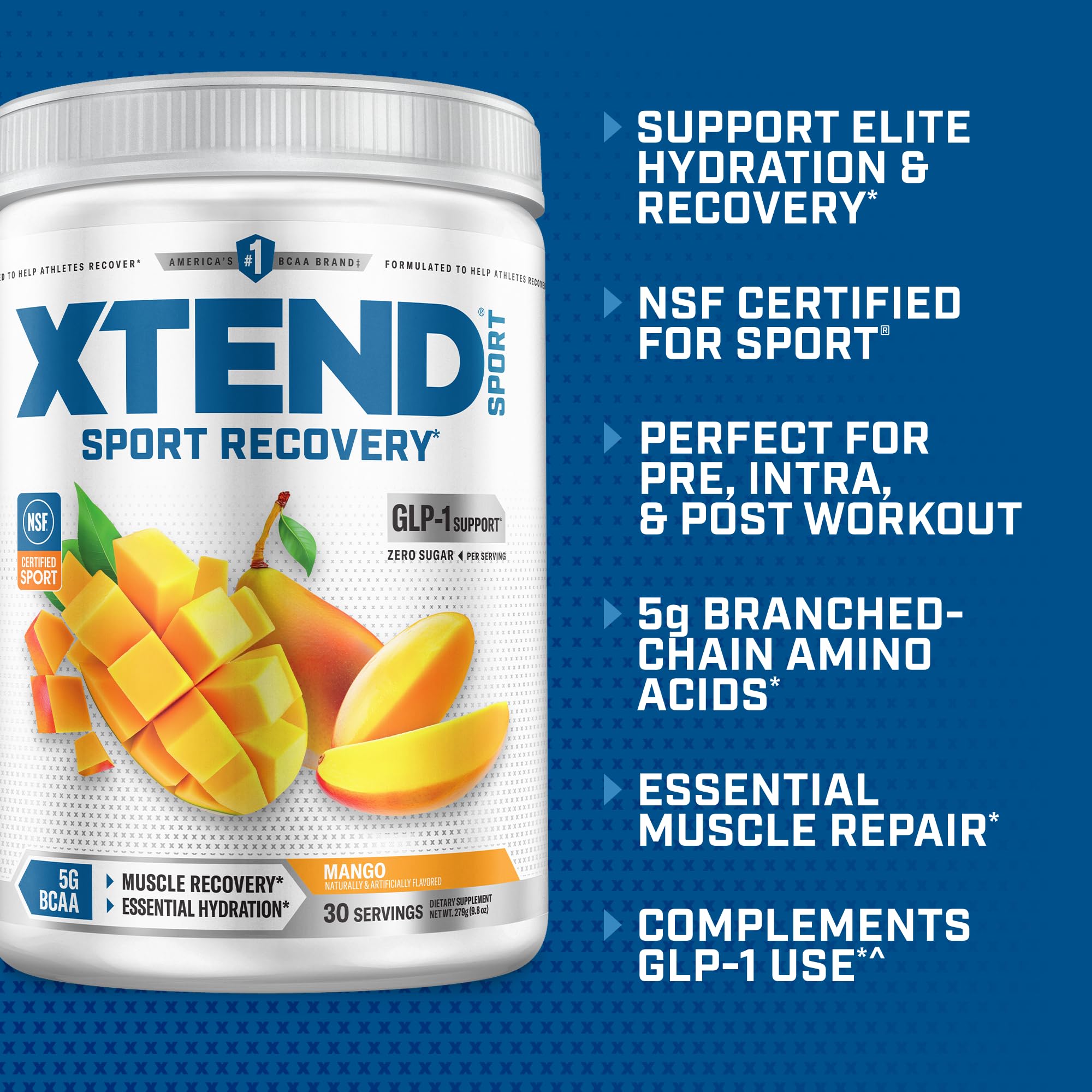 Xtend cucharada con polvo mango lista para mezclar y mejorar la hidratación