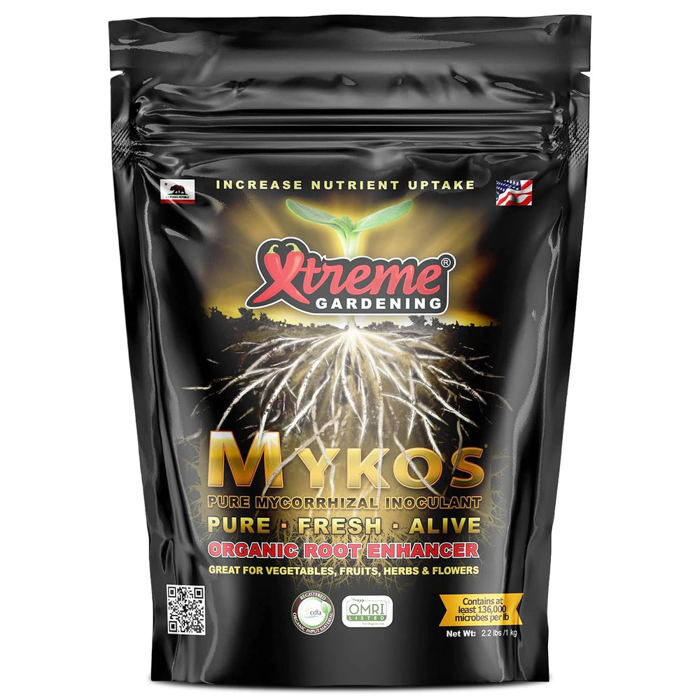 Xtreme Gardening Mykos front package showing 2.2 lb container and branding benefits