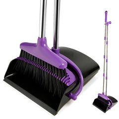 XXFLOWER escoba y recogedor frontal mostrando el set y beneficio de almacenamiento compacto