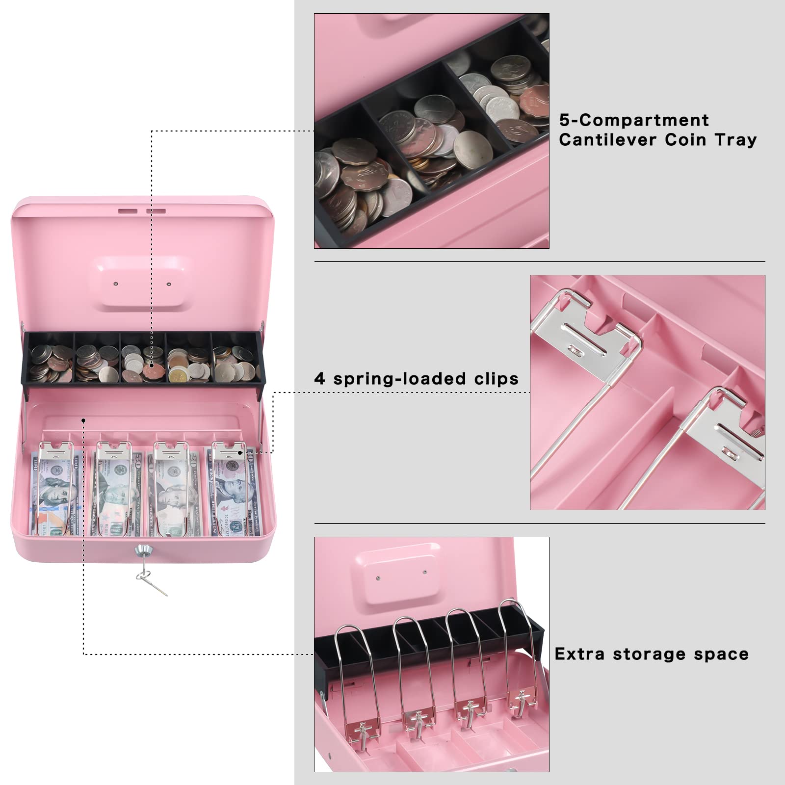 xydled interior con clips muelles que mantienen billetes organizados