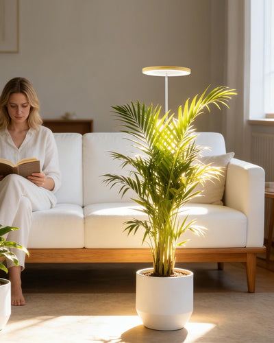 yadoker luz iluminando un ficus grande favoreciendo salud foliar