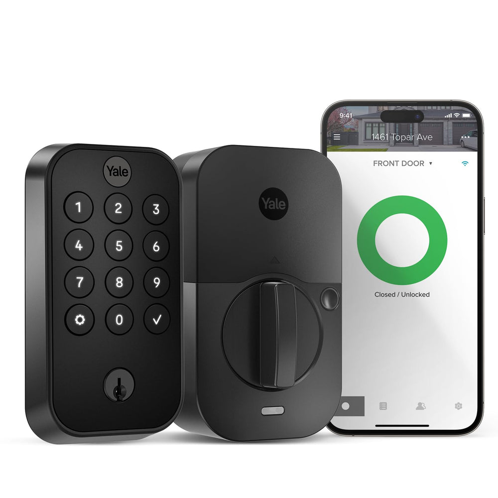 Yale Assure Lock 2 front view in black suede showing keypad and sleek finish for modern curb appeal