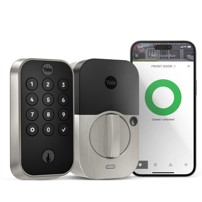 Yale Assure Lock 2 front view showing keypad and satin nickel finish for secure entry
