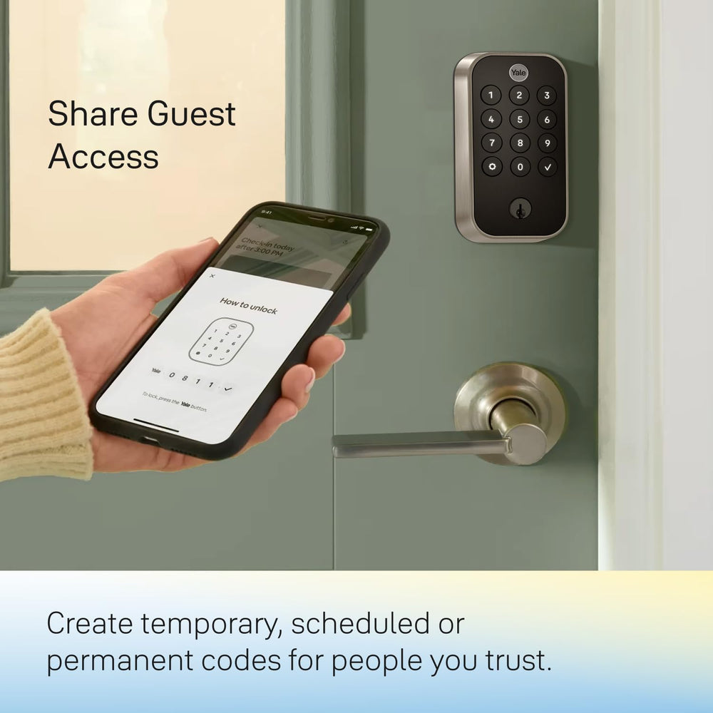 Yale Assure Lock 2 with smartphone app open showing remote lock control and notifications
