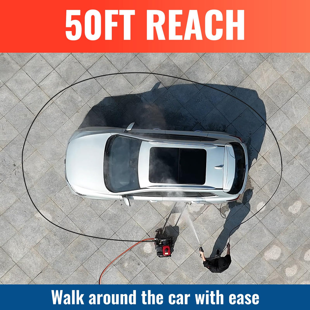 YAMATIC hose length comparison showing 25ft reach for extended cleaning access