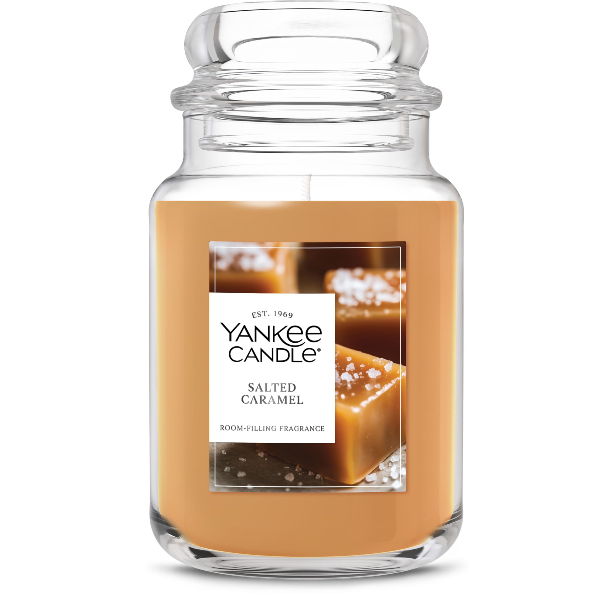 Yankee Candle tarro frontal Salted Caramel mostrando diseño y atractivo