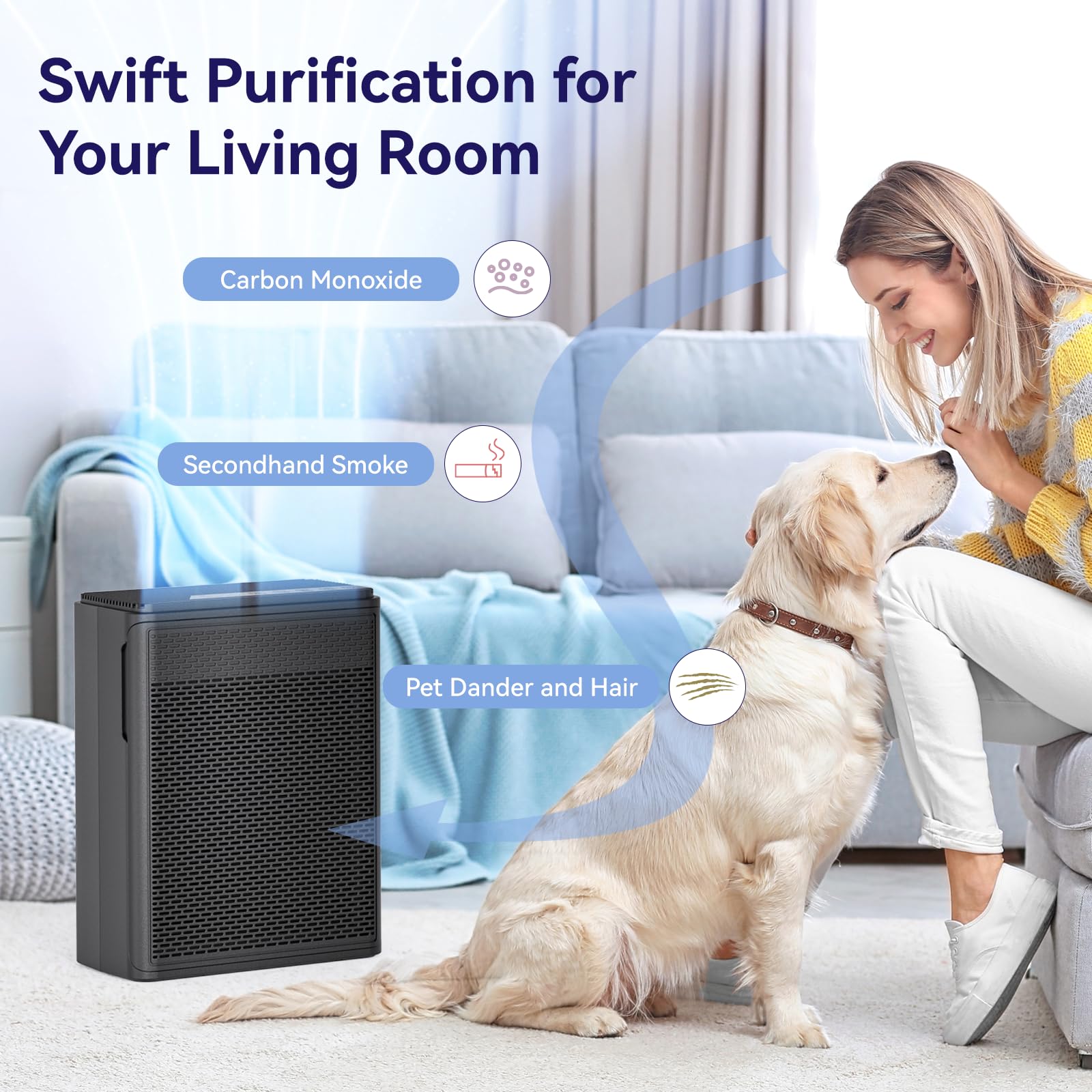 YARIKI P280 en salón junto a mascota mejorando aire
