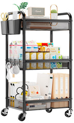 YASONIC front view of 3 tier cart showing sleek black finish and sturdy frame for organized storage
