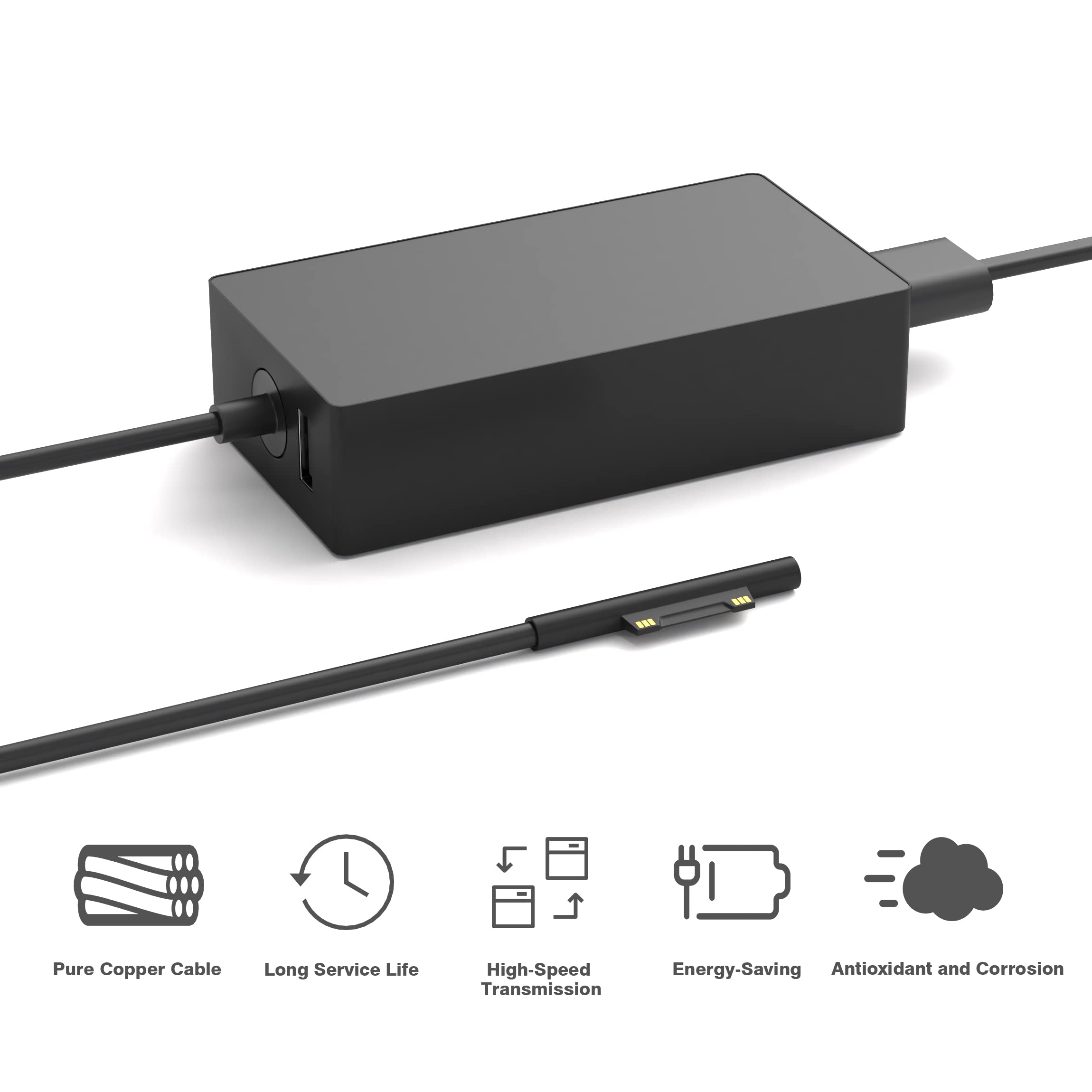 YBRUZRUB cargador en uso con Surface Laptop ofreciendo alimentación fiable