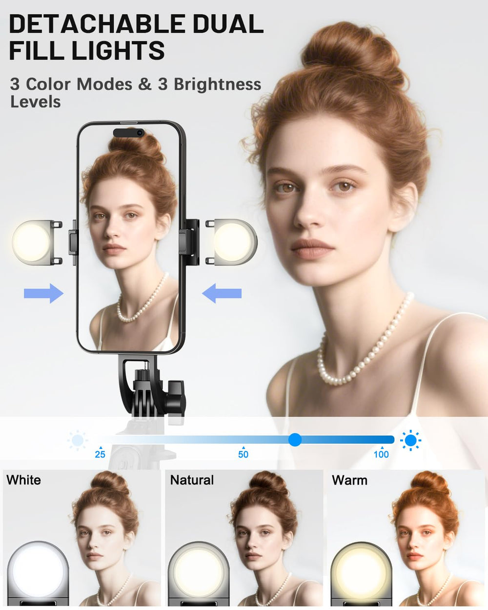 Yeaki luces LED desmontables en primer plano mostrando control de tono y brillo para video