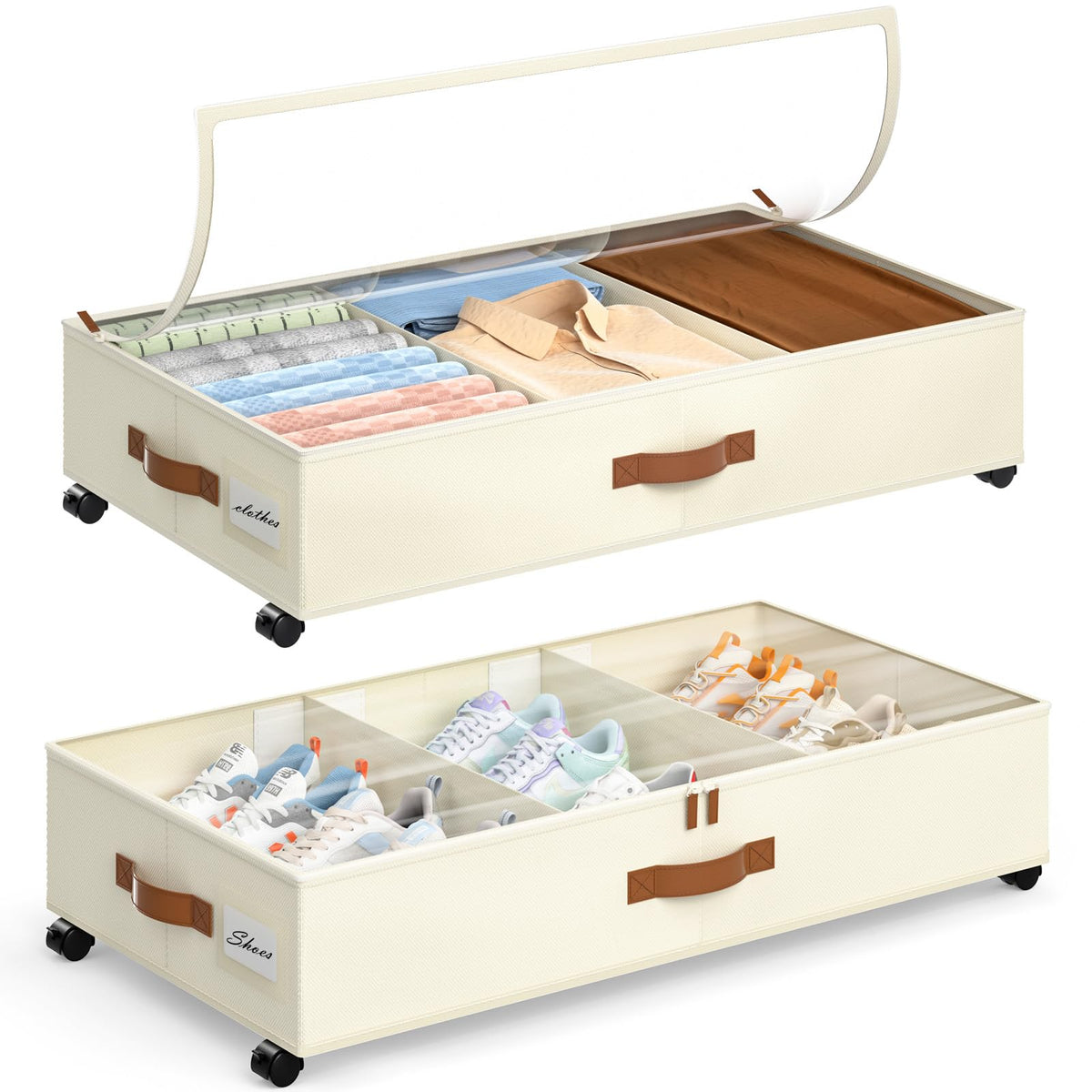 Yecaye front view of two rolling under bed storage bins showing clear lids and fabric finish for easy access