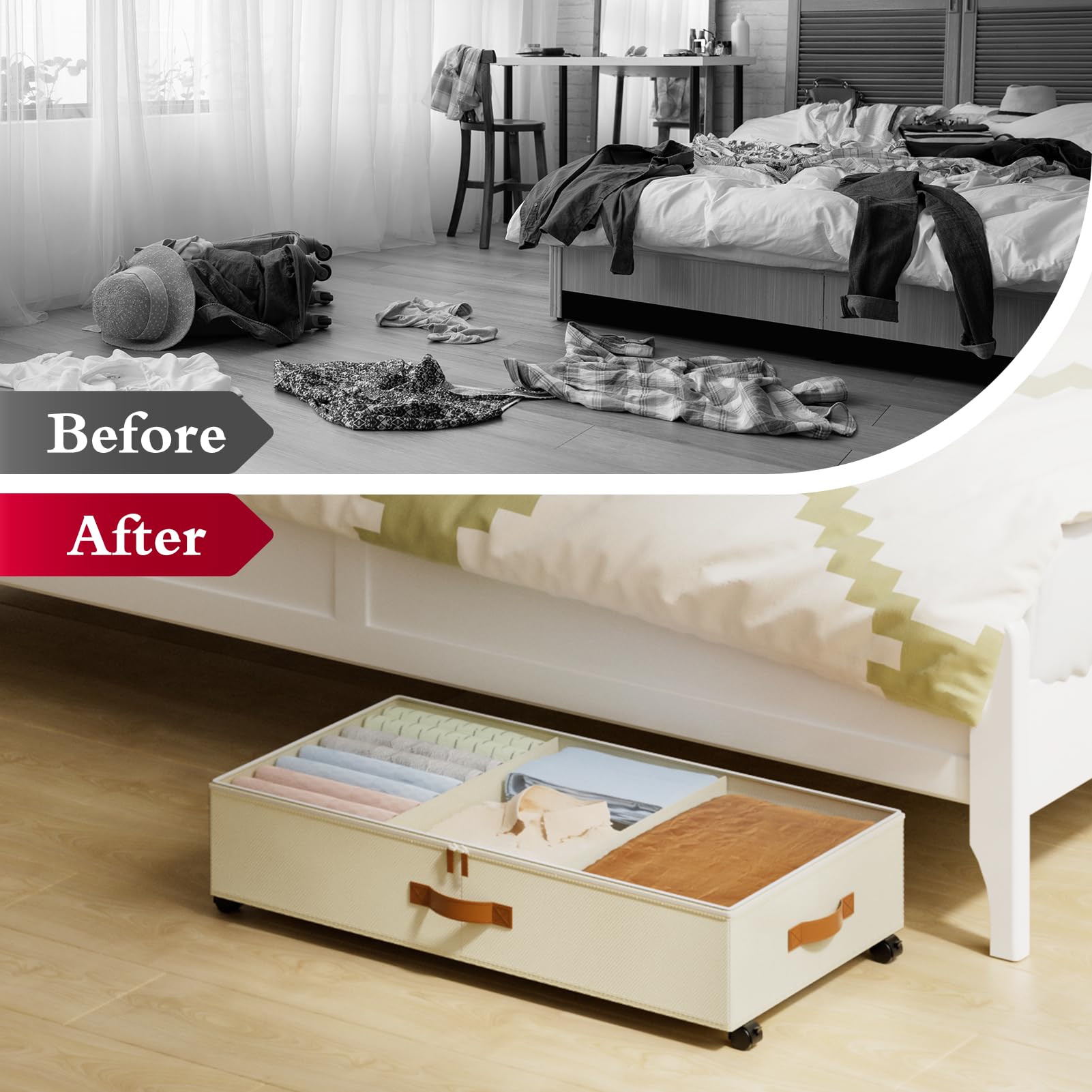 Yecaye lifestyle scene in bedroom illustrating tidy space-saving storage under bed for a clutter-free room