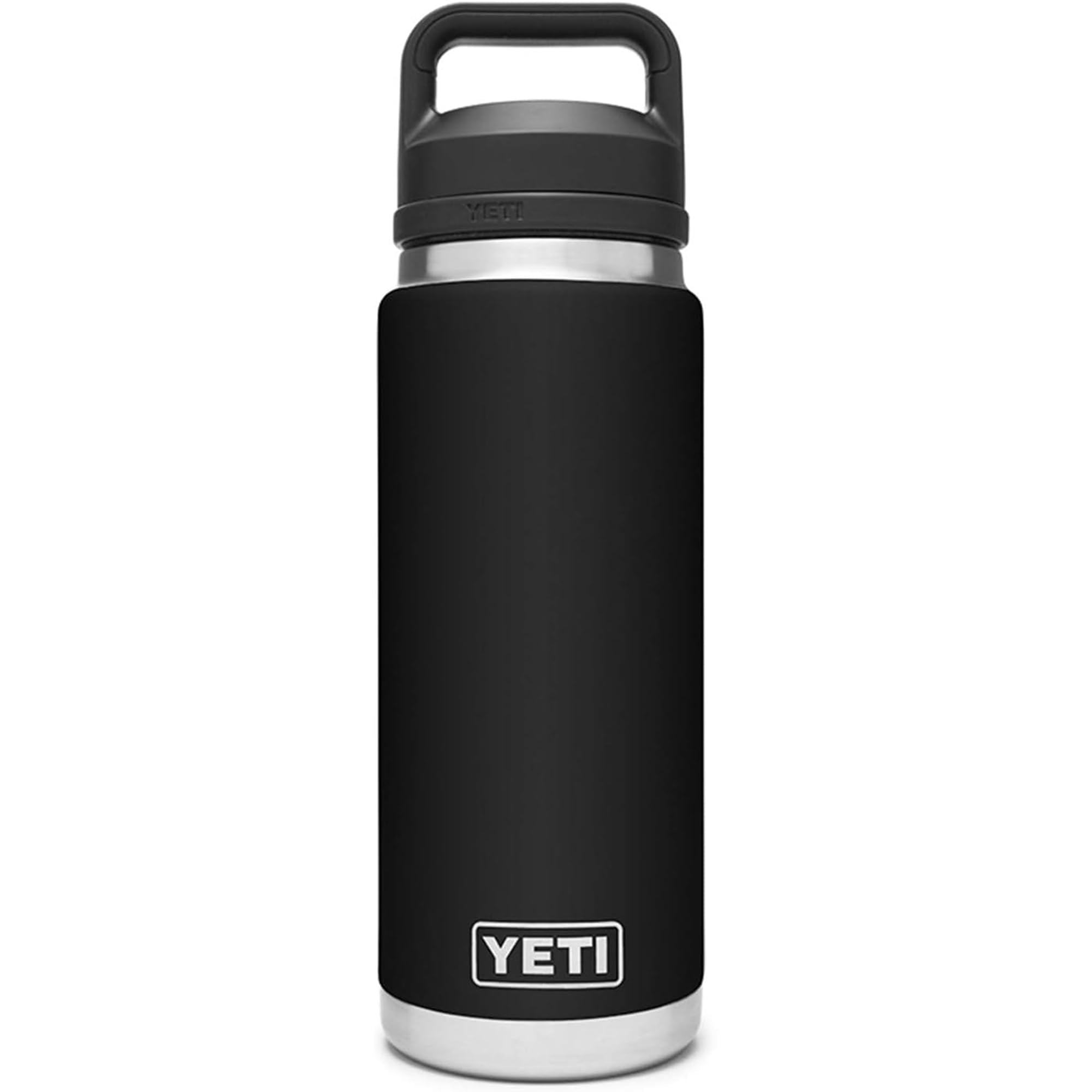 YETI Rambler 26 oz frente negro mostrando diseño resistente y portabilidad